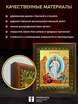 Икона Воскресение Христово с золочением, деревянная рамка с басмой и стеклом 18х21х2,5 см 1113