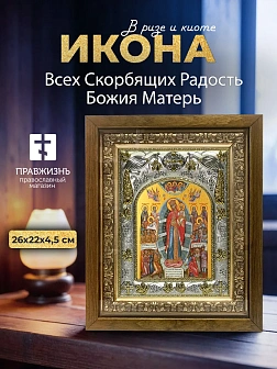 Икона Всех Скорбящих Радость Божия Матерь в ризе и деревянном киоте, 26х22 см