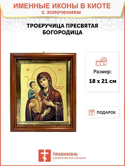 Икона Божией Матери "Троеручица" с золочением поталью, 03077-УЛ