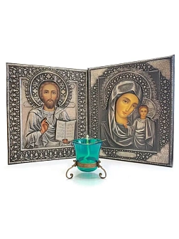 Лампада настольная церковная латунная с чеканкой (патинированая), синие стекло, устойчивая, для дома