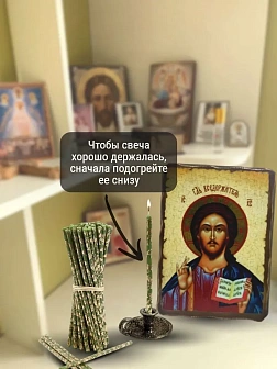 Набор Подсвечник Домашний маленький литье ОЛОВО Колокол h=20 мм, со свечами ЗЕЛЁНЫЕ №80 уп 50шт