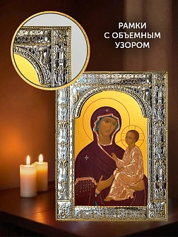 Икона Тихвинская Божия Матерь в ризе и киоте под дерево, 33х27 см