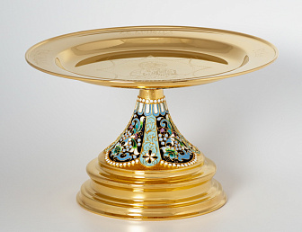 Дискос с поддискосником / ф240мм-конус потира 0, 5л / филигрань, эмаль, ручная гравировка / золочение