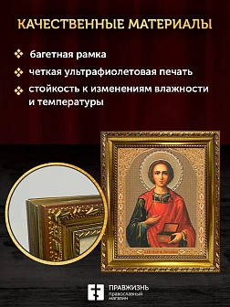 Икона Пантелеймон Целитель, золотая багетная рамка узкая с узором 15х18х2 см