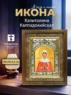 Икона Капитолина Каппадокийская в ризе и деревянном киоте, 26х22 см Икона Капитолина Каппадокийская в ризе и деревянном киоте, 26х22 см