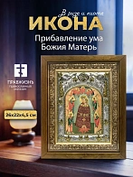 Икона Прибавление ума Божия Матерь в ризе и деревянном киоте, 26х22 см