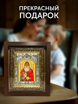 Икона Илья Муромец в ризе и киоте под дерево, 27х23 см