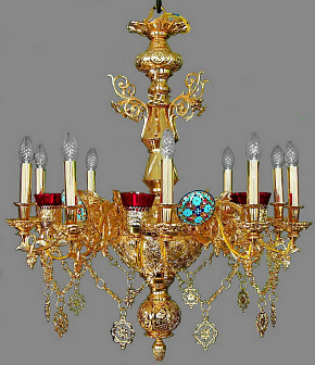 Паникадило 1 ярус 10 свечей с лампадами золочение, эмаль