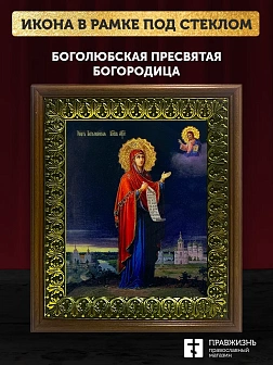 Икона Боголюбская Божия Матерь с золочением, деревянная рамка с басмой и стеклом 18х21х2,5 см 1182