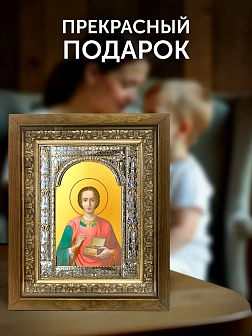 Икона Пантелеймон Целитель в ризе и деревянном киоте, 33х27 см