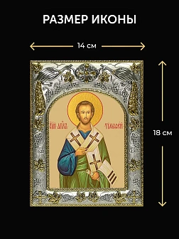Икона Тимофей Апостол в ризе и киоте под дерево, 27х23 см Икона Тимофей Апостол в ризе и киоте под дерево, 27х23 см
