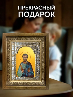 Икона Трофим Апостол в ризе и деревянном киоте, 33х27 см