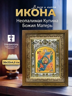 Икона Неопалимая Купина Божия Матерь в ризе и деревянном киоте, 26х22 см