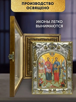 Икона Косма и Дамиан Бессребреники в ризе и деревянном киоте, 26х22 см