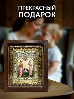 Икона Трифон и Прокопий Вятские в ризе и киоте под дерево, 27х23 см