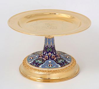 Дискос с поддискосником / ф240мм-потир 0, 75л "№4"А" / филигрань, эмаль, ручная гравировка / золочение Дискос с поддискосником / ф240мм-потир 0, 75л "№4"А" / филигрань, эмаль, ручная гравировка / золочение