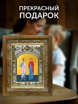 Икона Иоаким и Анна Богоотцы в ризе и деревянном киоте, 26х22 см
