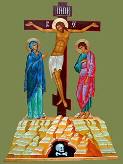 Крест рукописный с предстоящими и резной голгофой  (крест 180 см + голгофа 60 см)