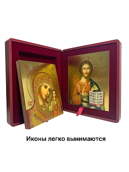 Венчальные иконы Спаситель и Казанская с золочением УЛ 9х10,5 в бархатном складне