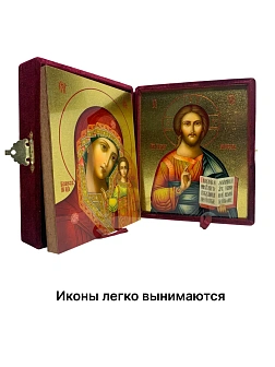 Венчальные иконы Спаситель и Казанская с золочением УЛ 13х16 в бархатном складне