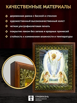 Икона Воскресение Христово с золочением, деревянная рамка с басмой и стеклом 18х21х2,5 см 1113