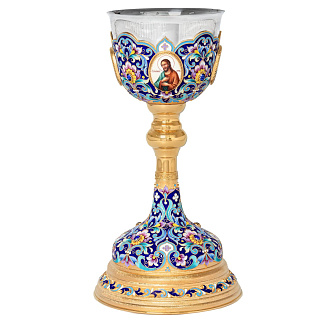 Потир 1.0л 4-финифти, филигрань, эмаль, роспись / песочные часы / золочение / серебряный стакан (УИН)