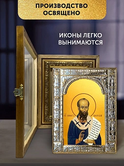 Икона Нифонт Кипрский в ризе и деревянном киоте, 33х27 см