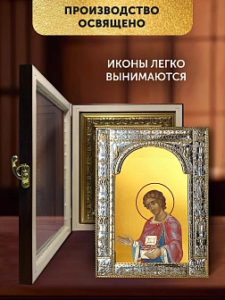 Икона Пантелеймон Целитель в ризе и киоте под дерево, 33х27 см Икона Пантелеймон Целитель в ризе и киоте под дерево, 33х27 см