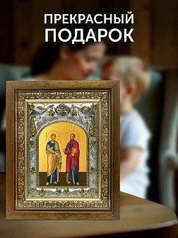Икона Петр и Павел Апостолы в ризе и деревянном киоте, 26х22 см