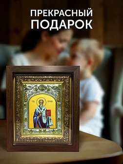 Икона Артемий Солунский в ризе и киоте под дерево, 27х23 см Икона Артемий Солунский в ризе и киоте под дерево, 27х23 см