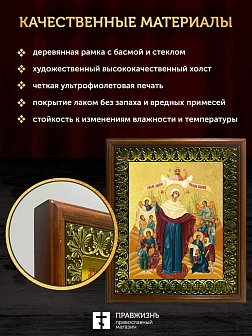 Икона Божией Матери Всех скорбящих Радость с золочением, деревянная рамка с басмой и стеклом 18х21х2