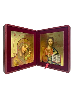 Венчальные иконы Спаситель и Казанская с золочением УЛ 9х10,5 в бархатном складне