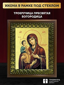 Икона Божией Матери Троеручица с золочением, деревянная рамка с басмой и стеклом 18х21х2,5 см 1145