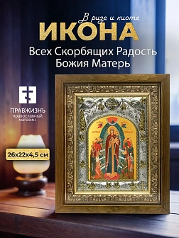 Икона Всех Скорбящих Радость Божия Матерь в ризе и деревянном киоте, 26х22 см