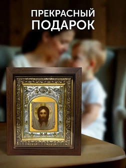 Икона Спас Нерукотворный в ризе и киоте под дерево, 27х23 см