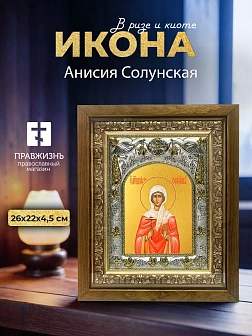 Икона Анисия Солунская в ризе и деревянном киоте, 26х22 см Икона Анисия Солунская в ризе и деревянном киоте, 26х22 см