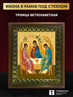 Икона Троица Ветхозаветная, деревянная рамка с басмой и стеклом 18х21х2,5 см 164