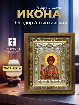 Икона Феодор Антиохийский в ризе и деревянном киоте, 26х22 см