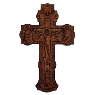 Крест с распятием, настенный, резной, деревянный, предстоящими и херувимом