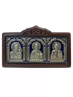 Икона в машину триптих Богородица Спаситель Николай Чудотворец синяя эмаль A45-3(B)_KRA