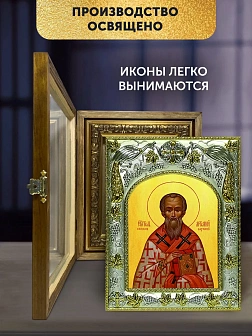 Икона Артемий Солунский в ризе и деревянном киоте, 26х22 см Икона Артемий Солунский в ризе и деревянном киоте, 26х22 см