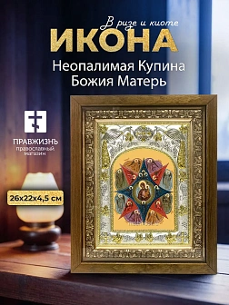 Икона Неопалимая Купина Божия Матерь в ризе и деревянном киоте, 26х22 см