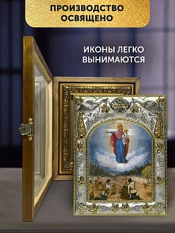 Икона Августовская Божия Матерь в ризе и деревянном киоте, 26х22 см
