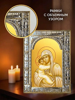 Икона Жировицкая Божия Матерь в ризе и киоте под дерево, 33х27 см
