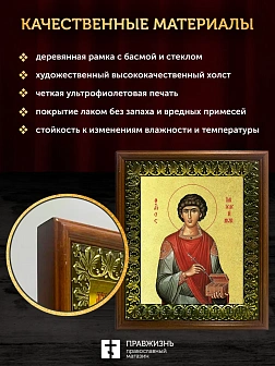 Икона Пантелеимон Целитель великомученик с золочением, деревянная рамка с басмой и стеклом 18х21х2,5