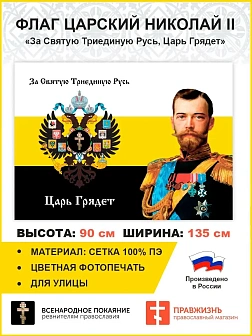 Флаг 002 "За святую триединую Русь, царь грядет", царский флаг, Николай 2, 90х135 см, материал сетка
