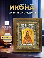 Икона Александр Цицернов в ризе и деревянном киоте, 26х22 см