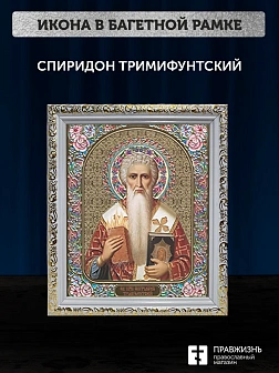 Икона Спиридон Тримифунтский, белая багетная рамка ультраузкая с узором 15х18х2 см