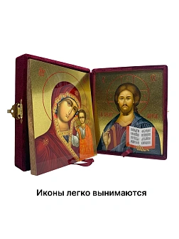 Венчальные иконы Спаситель и Казанская с золочением УЛ 13х16 в бархатном складне