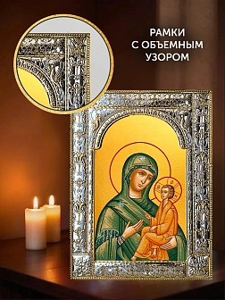 Икона Тихвинская Божия Матерь в ризе и киоте под дерево, 33х27 см